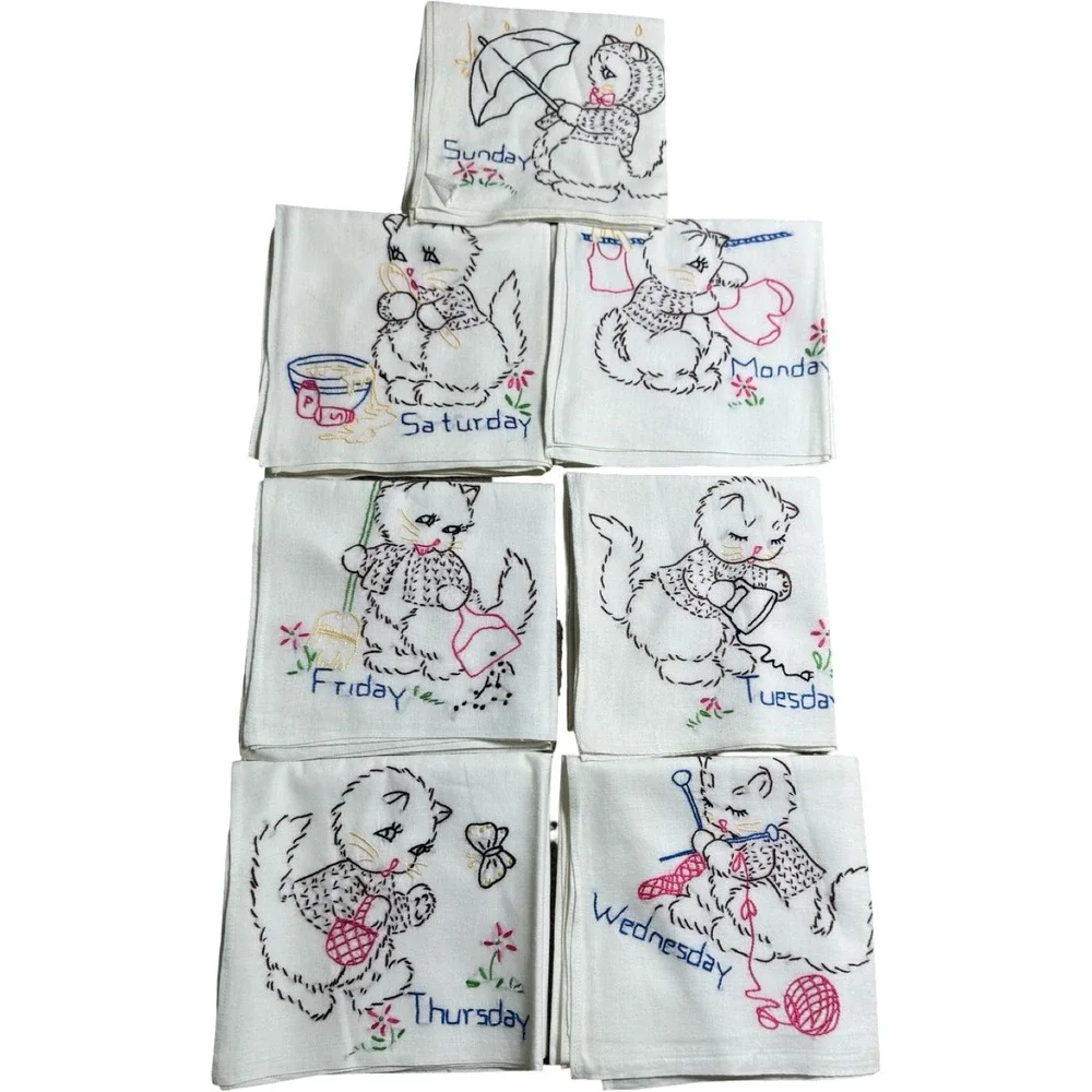 Vintage Embroidered Kitty Days of the Week Linen Tea Towels Set of 7 Flour Sack